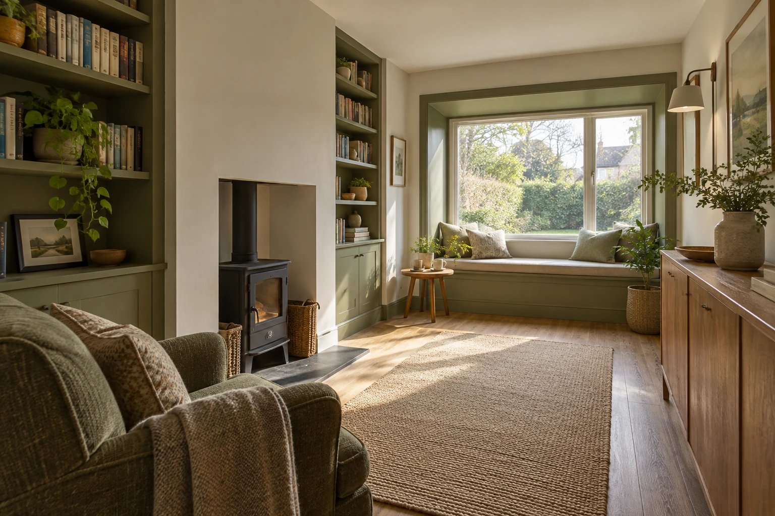 Illustrative former garage arranged as a quiet reading room with one deep bay recess