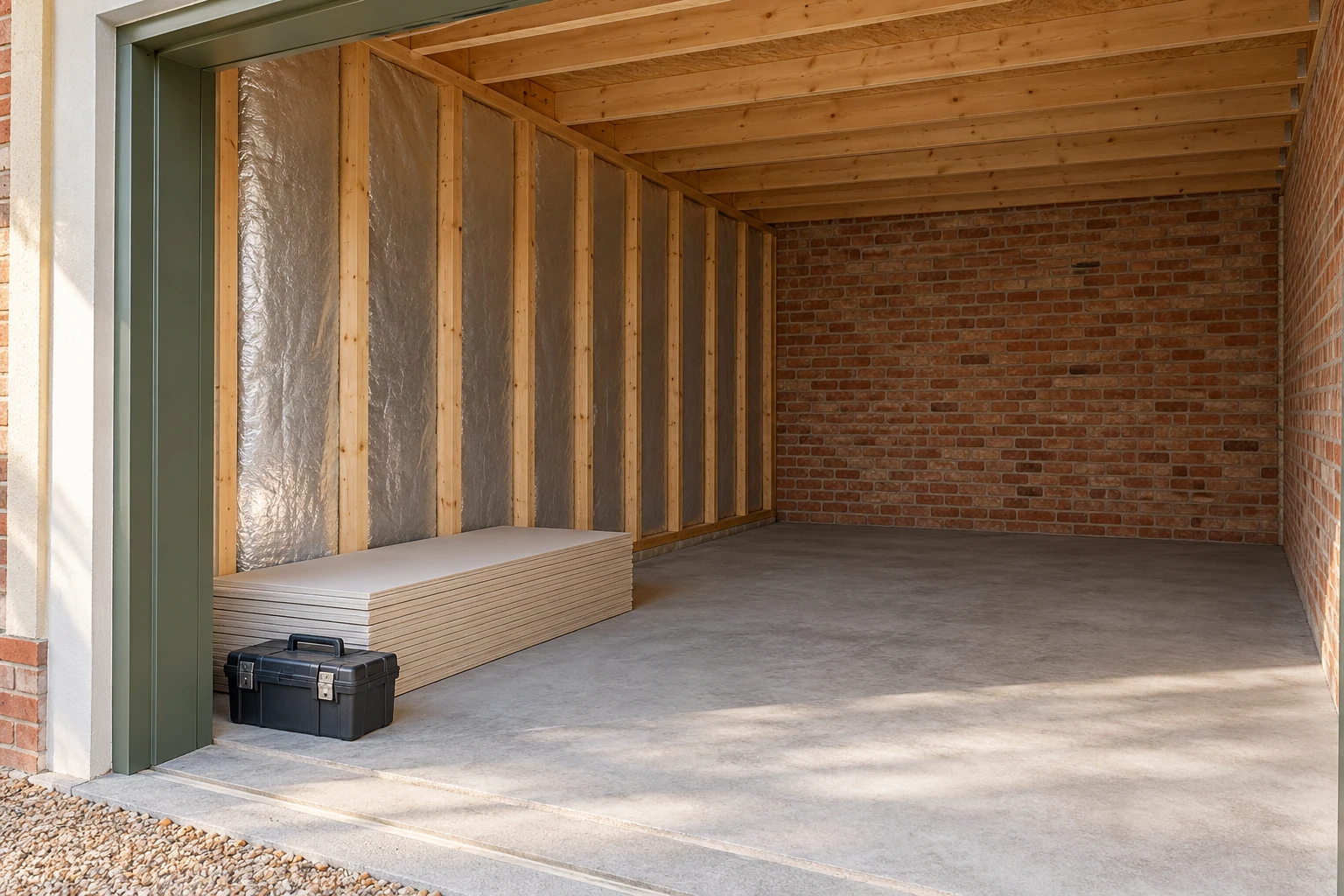 Illustrative garage conversion preparation with a dry floor and partly insulated wall lining