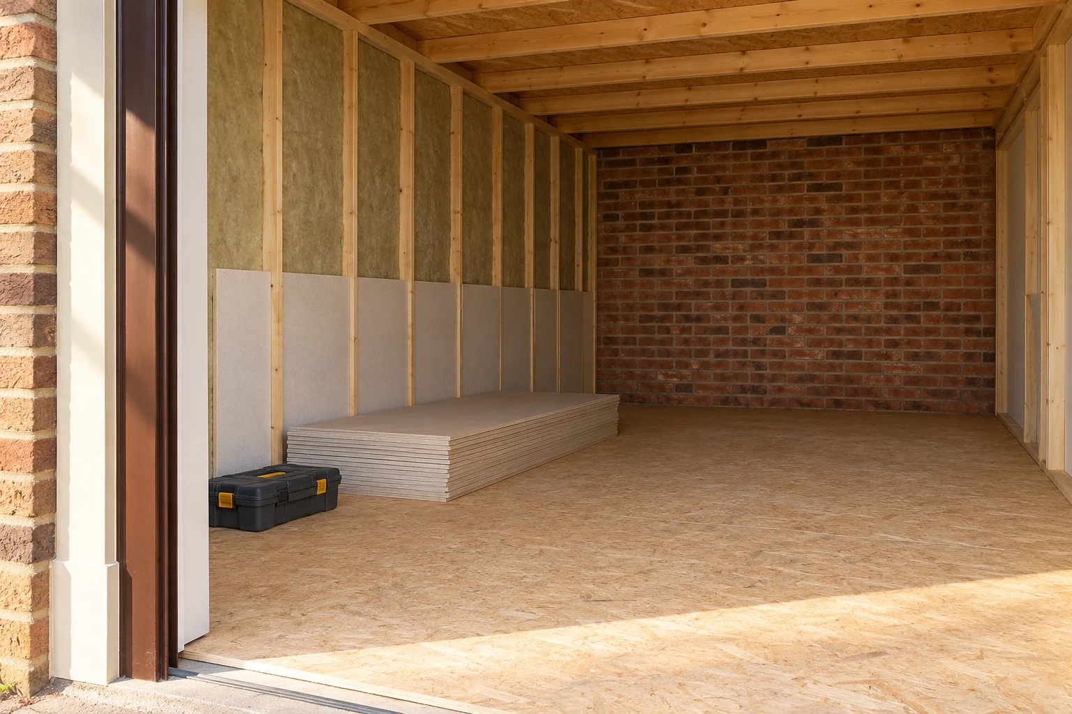 Illustrative garage conversion preparation with a dry floor and partly insulated wall lining