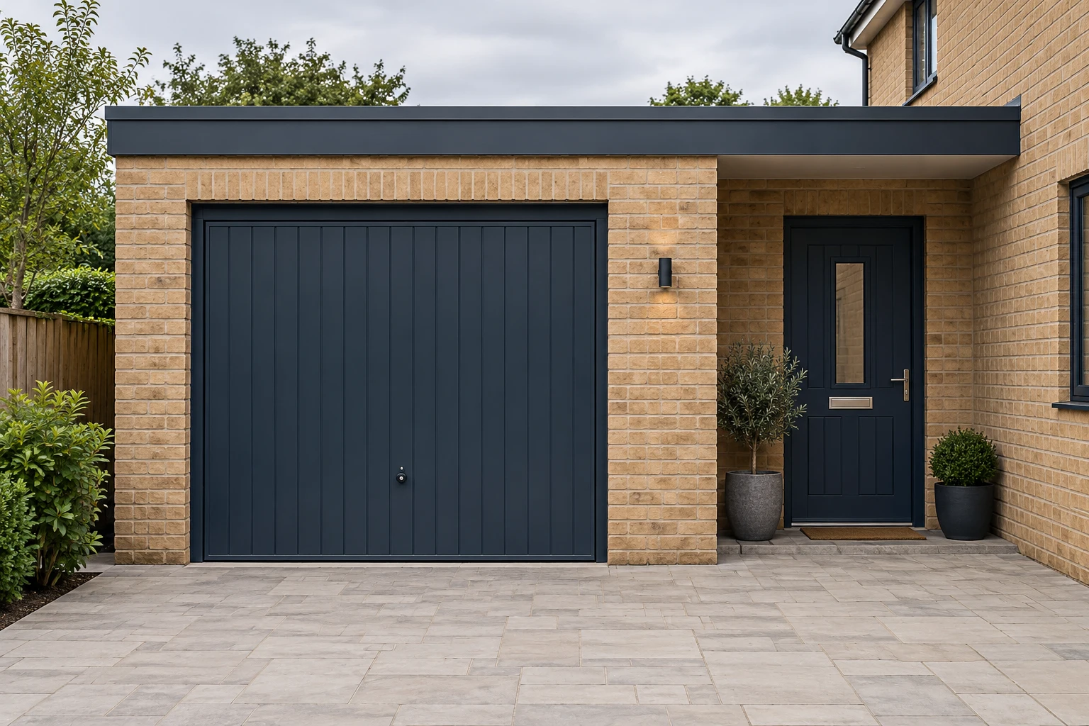 Concept visualisation of an imagined British building with an existing timber garage door