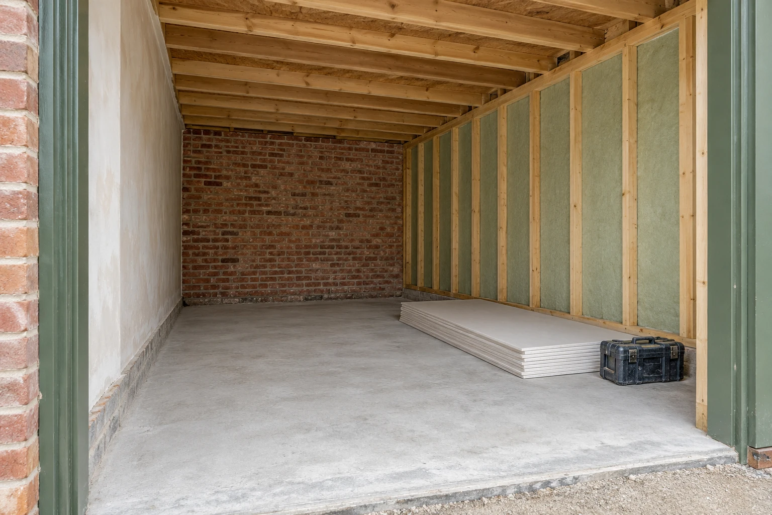 Illustrative garage conversion preparation with a dry floor and partly insulated wall lining