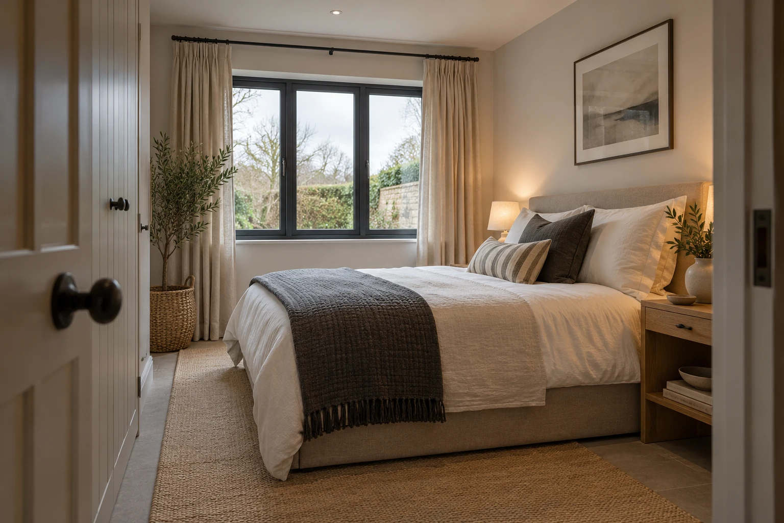 Illustrative converted garage arranged as a compact guest bedroom
