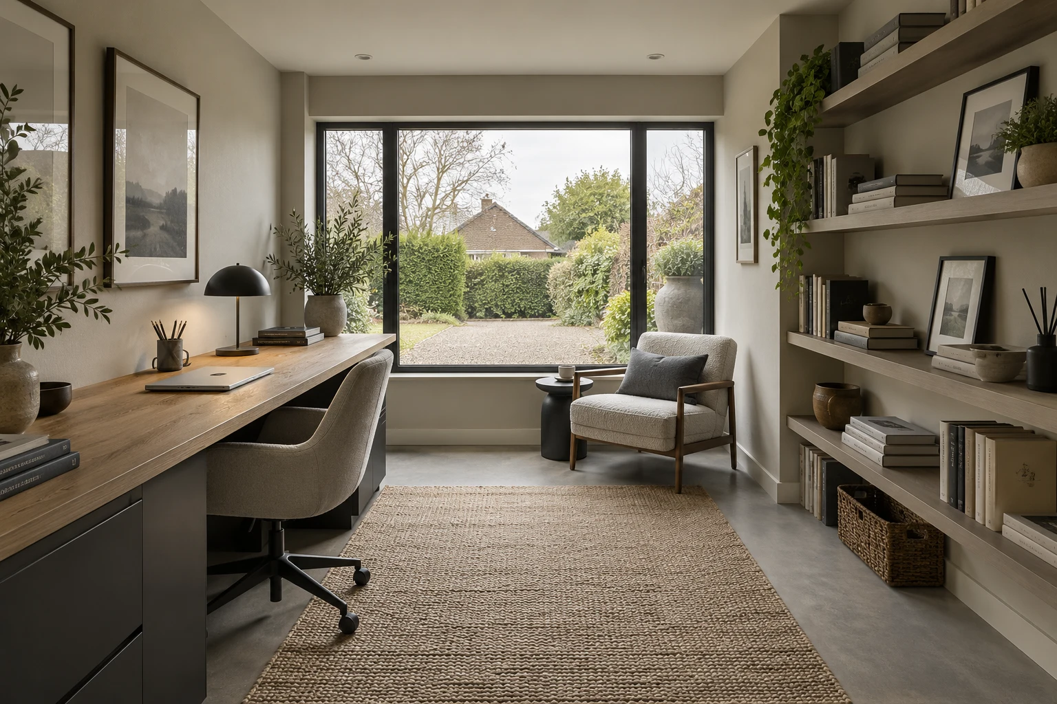 Illustrative former garage arranged as a narrow home office with shallow wall shelving