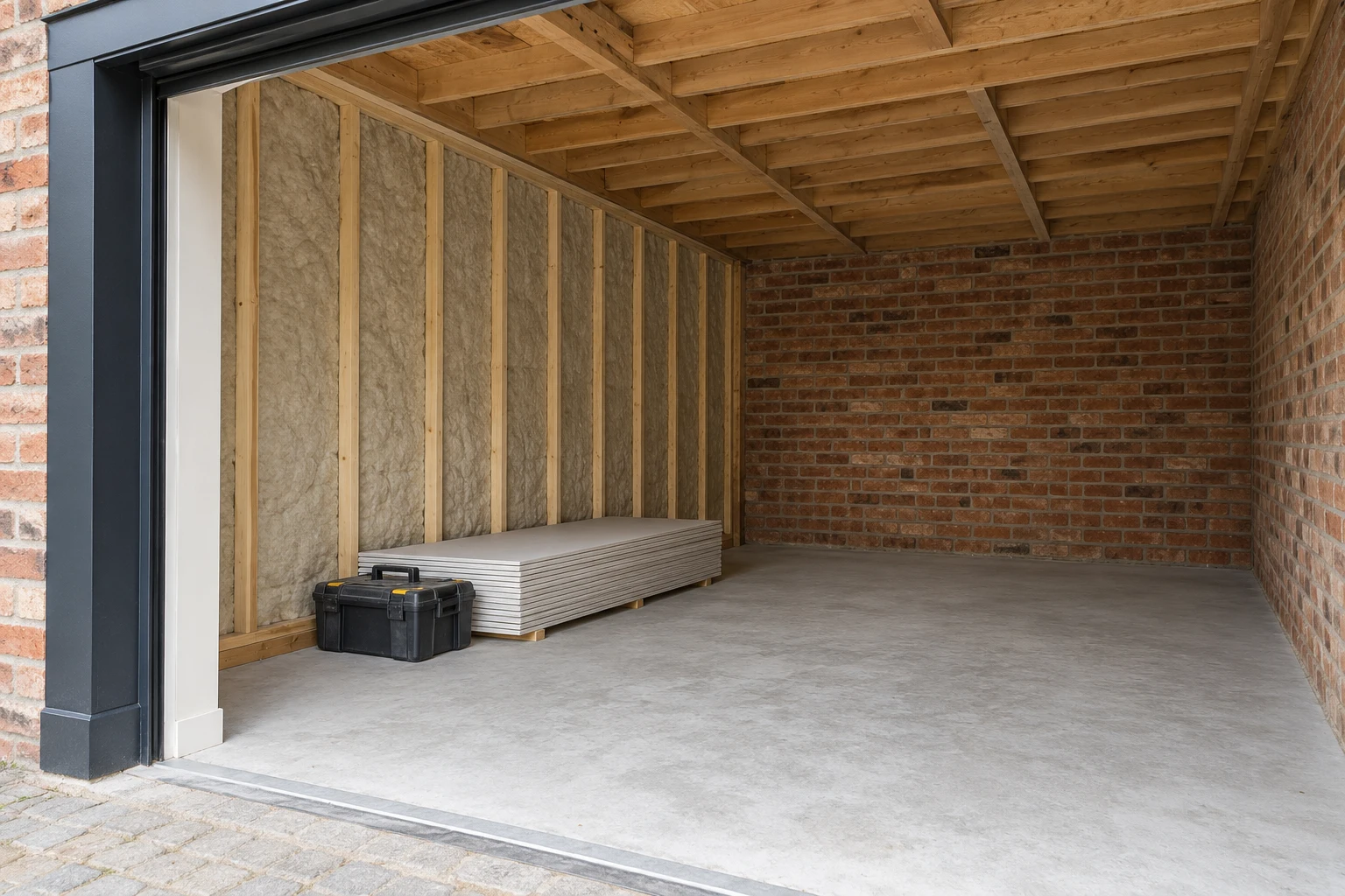 Illustrative garage conversion preparation with a dry floor and partly insulated wall lining