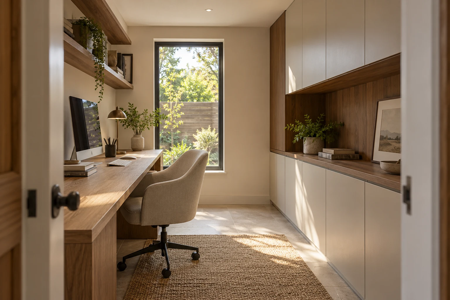 Illustrative converted garage arranged as a narrow home office