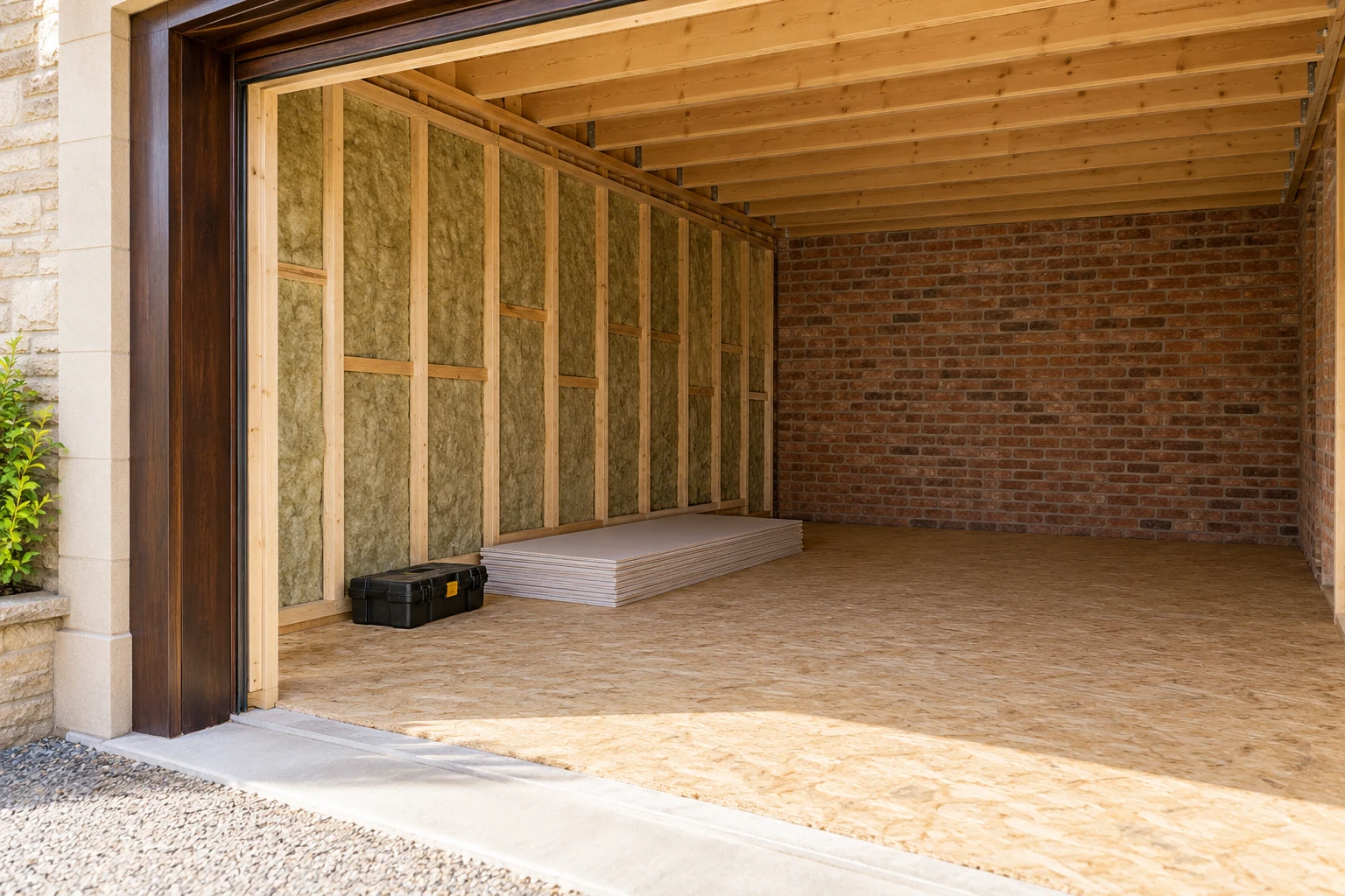 Illustrative garage conversion preparation with a dry floor and partly insulated wall lining