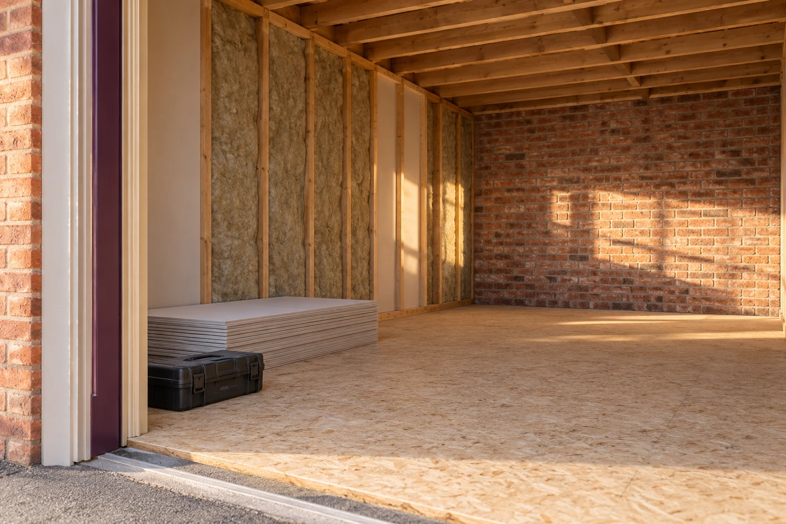 Illustrative garage conversion preparation with a dry floor and partly insulated wall lining