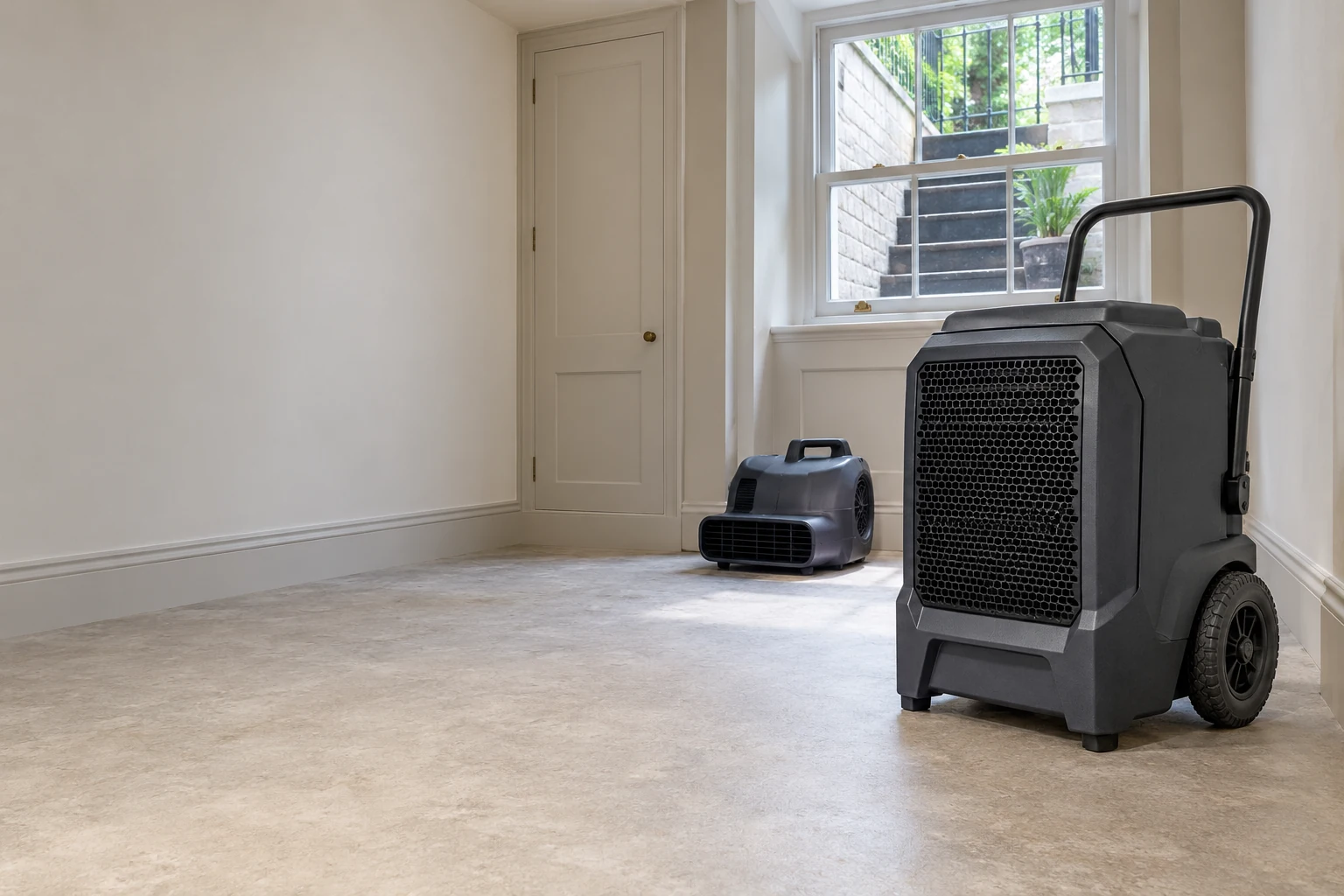 Illustrative unbranded professional dehumidifier in a bright residential room in a compact lower-ground period room