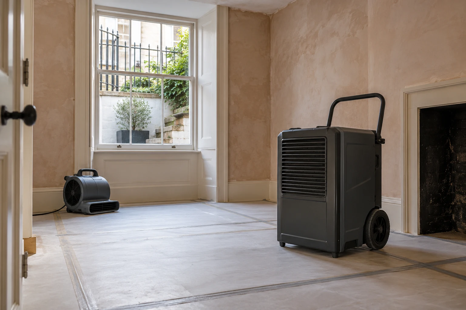 Illustrative drying equipment in a room undergoing refurbishment in a compact lower-ground period room