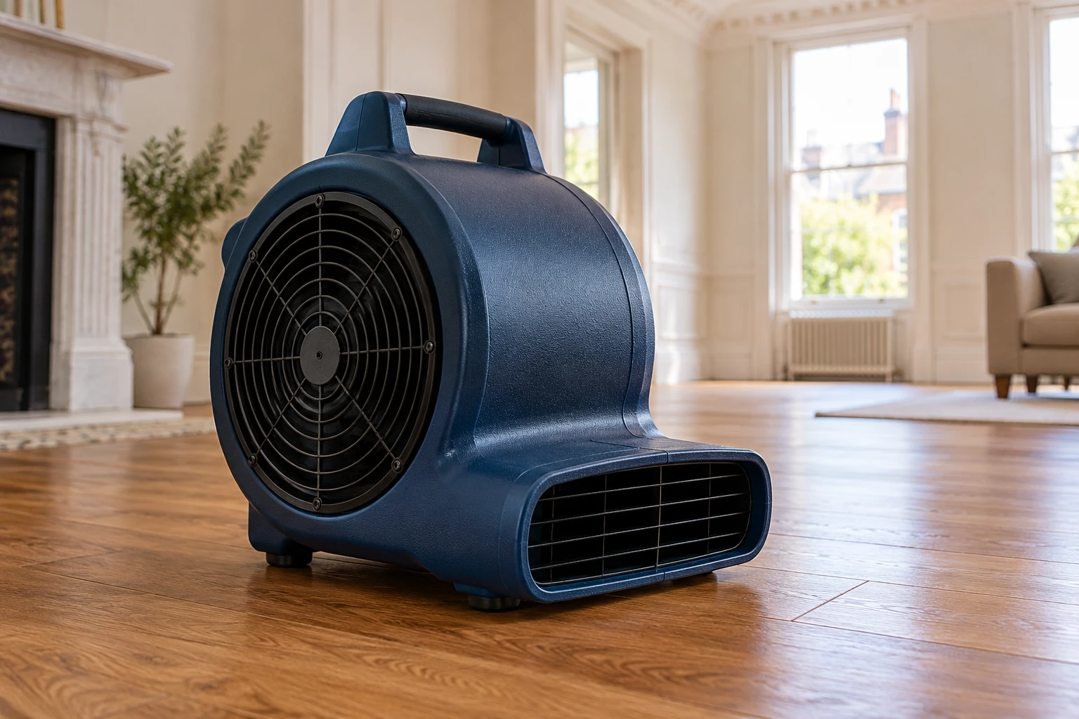Illustrative compact centrifugal air mover safely positioned on a dry floor in a period mansion flat