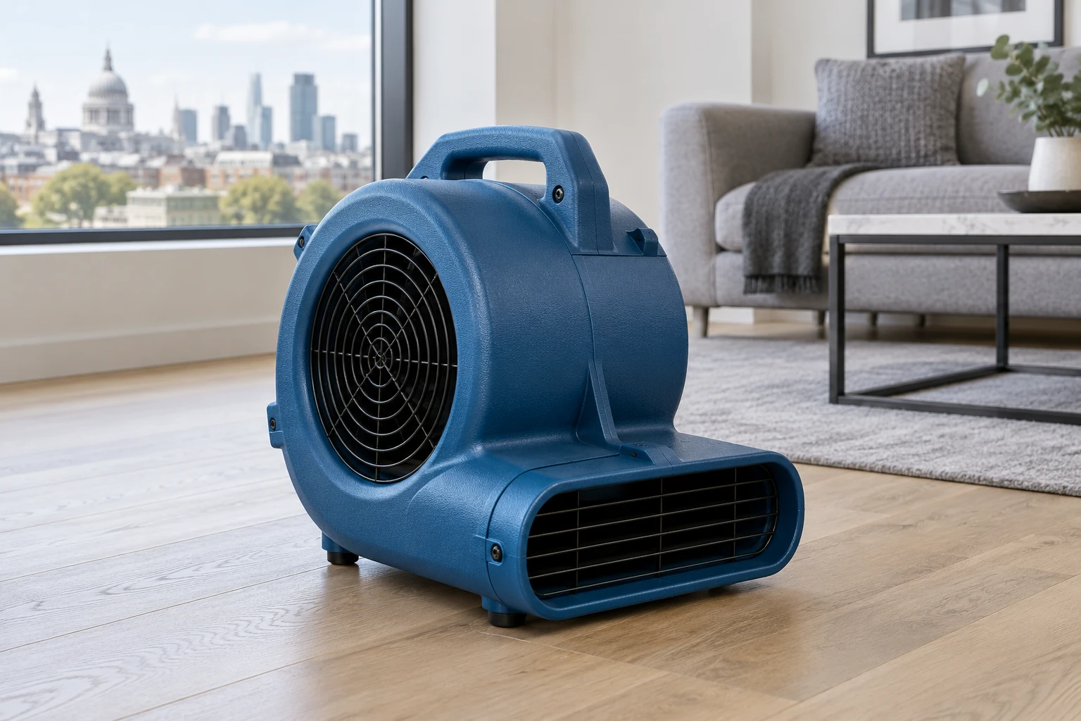 Illustrative compact centrifugal air mover safely positioned on a dry floor in a modern apartment