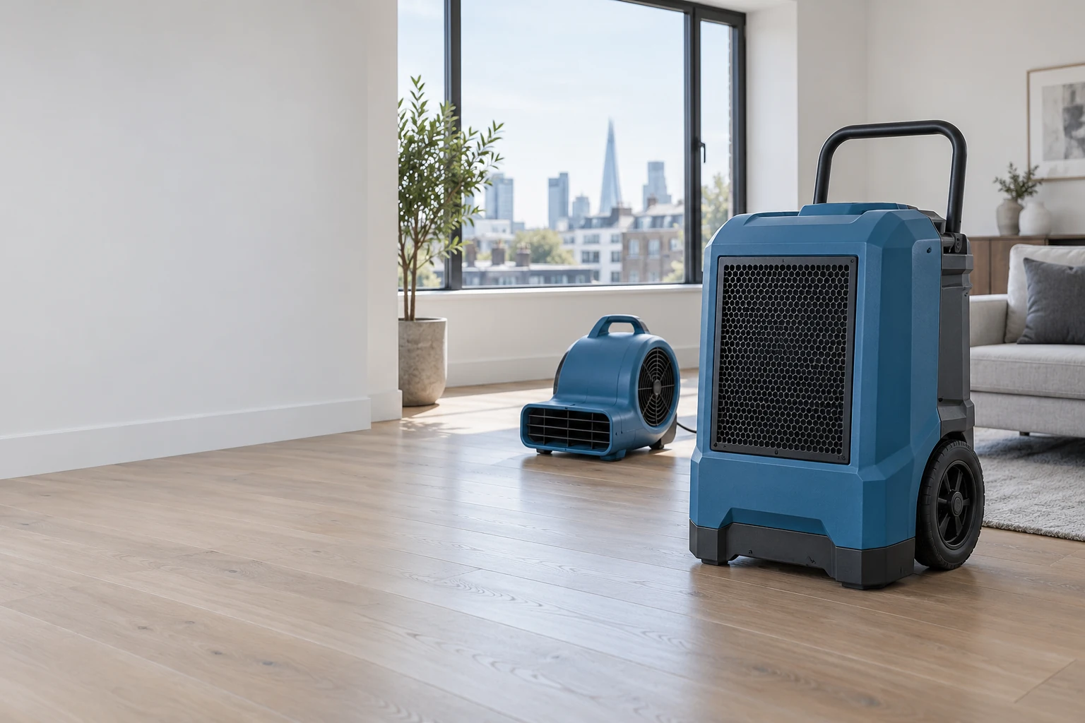Illustrative unbranded professional dehumidifier in a bright residential room in a modern apartment