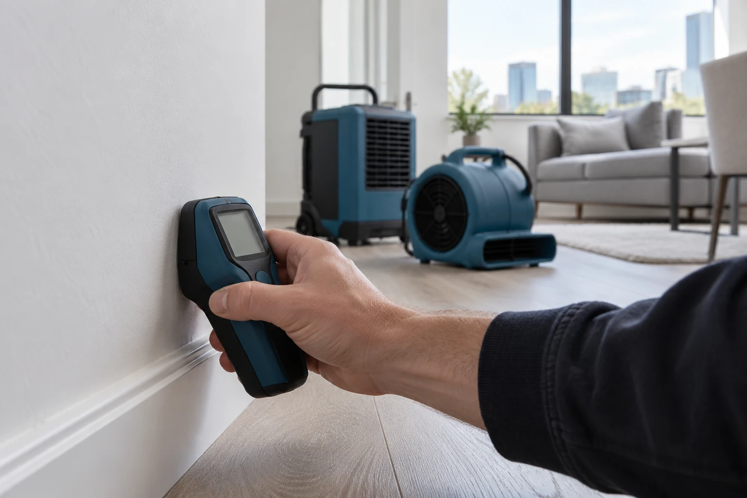 Illustrative moisture assessment without a displayed measurement in a modern apartment