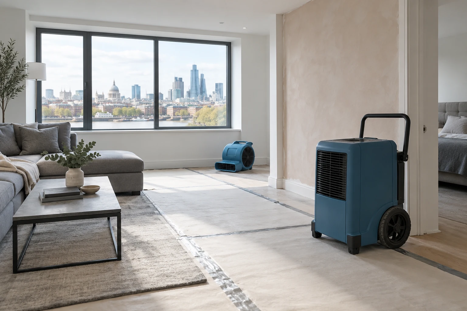 Illustrative drying equipment in a room undergoing refurbishment in a modern apartment