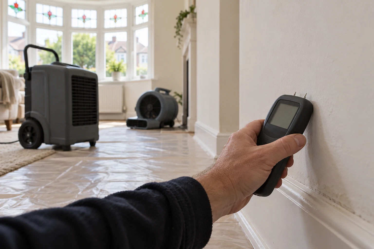 Illustrative moisture assessment without a displayed measurement in a bay-windowed semi-detached home