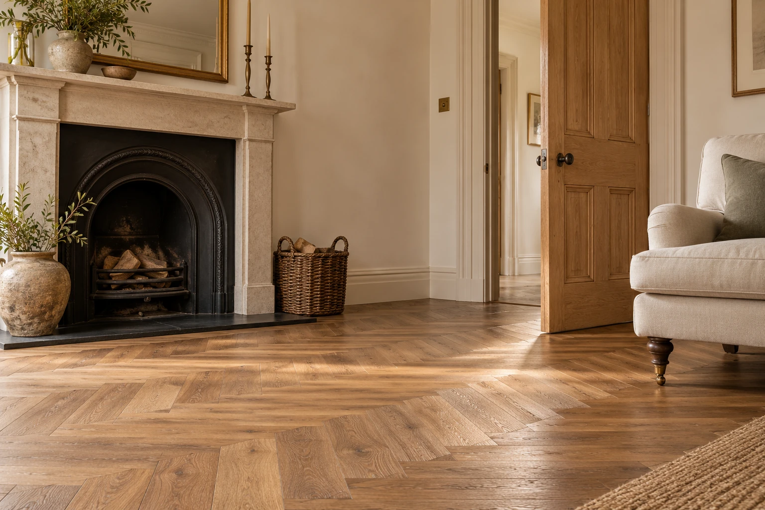 Illustrative oak herringbone floor, skirting and retained fireplace in a refurbished living room