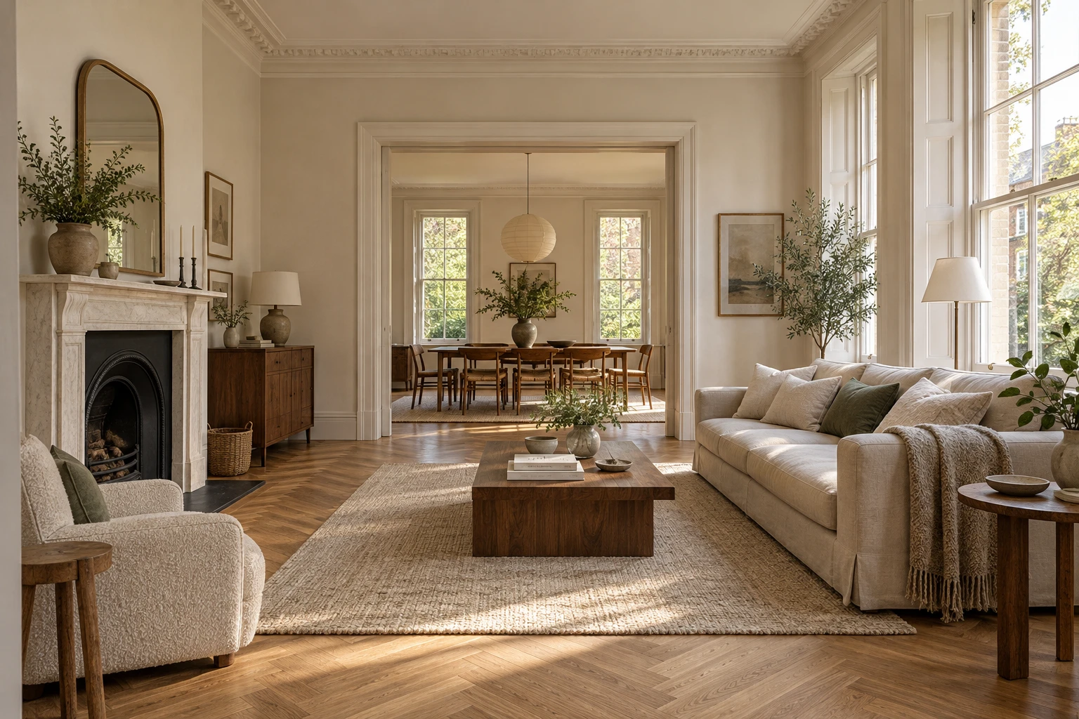 Illustrative refurbished British period home with connected living and dining rooms