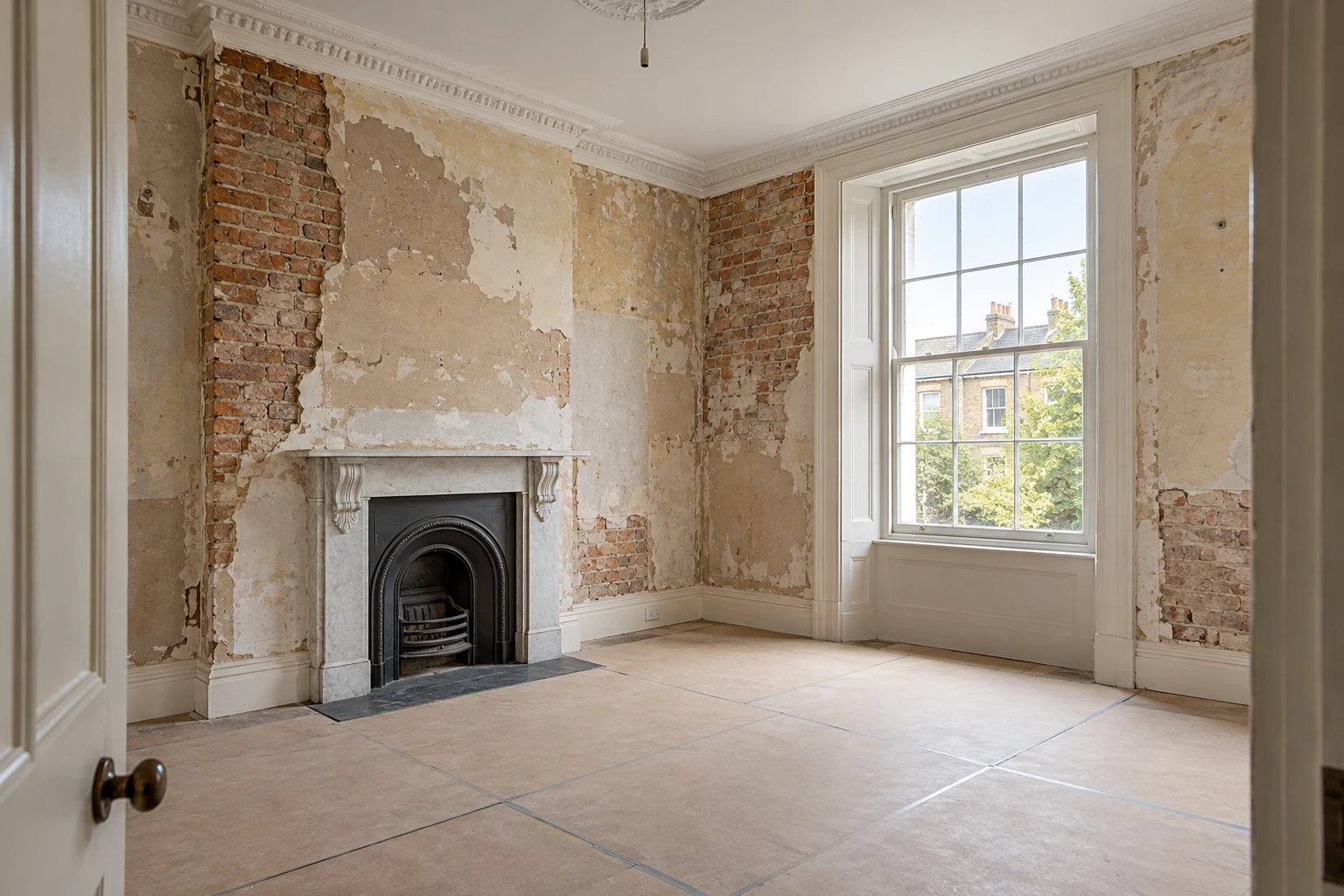 Illustrative period room during refurbishment preparation with retained cornice and protected floor