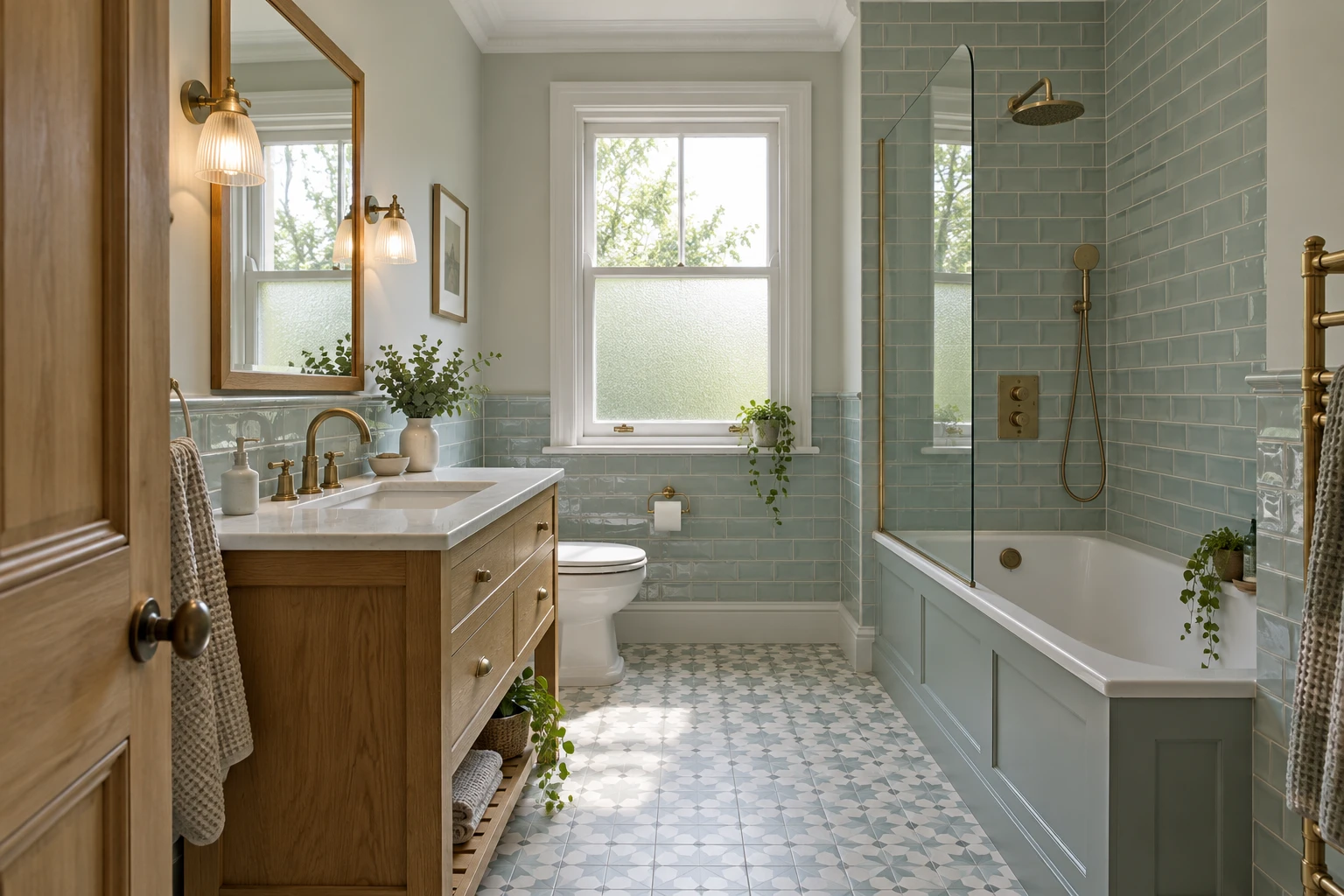 Illustrative refurbished bathroom with a walk-in shower and timber vanity