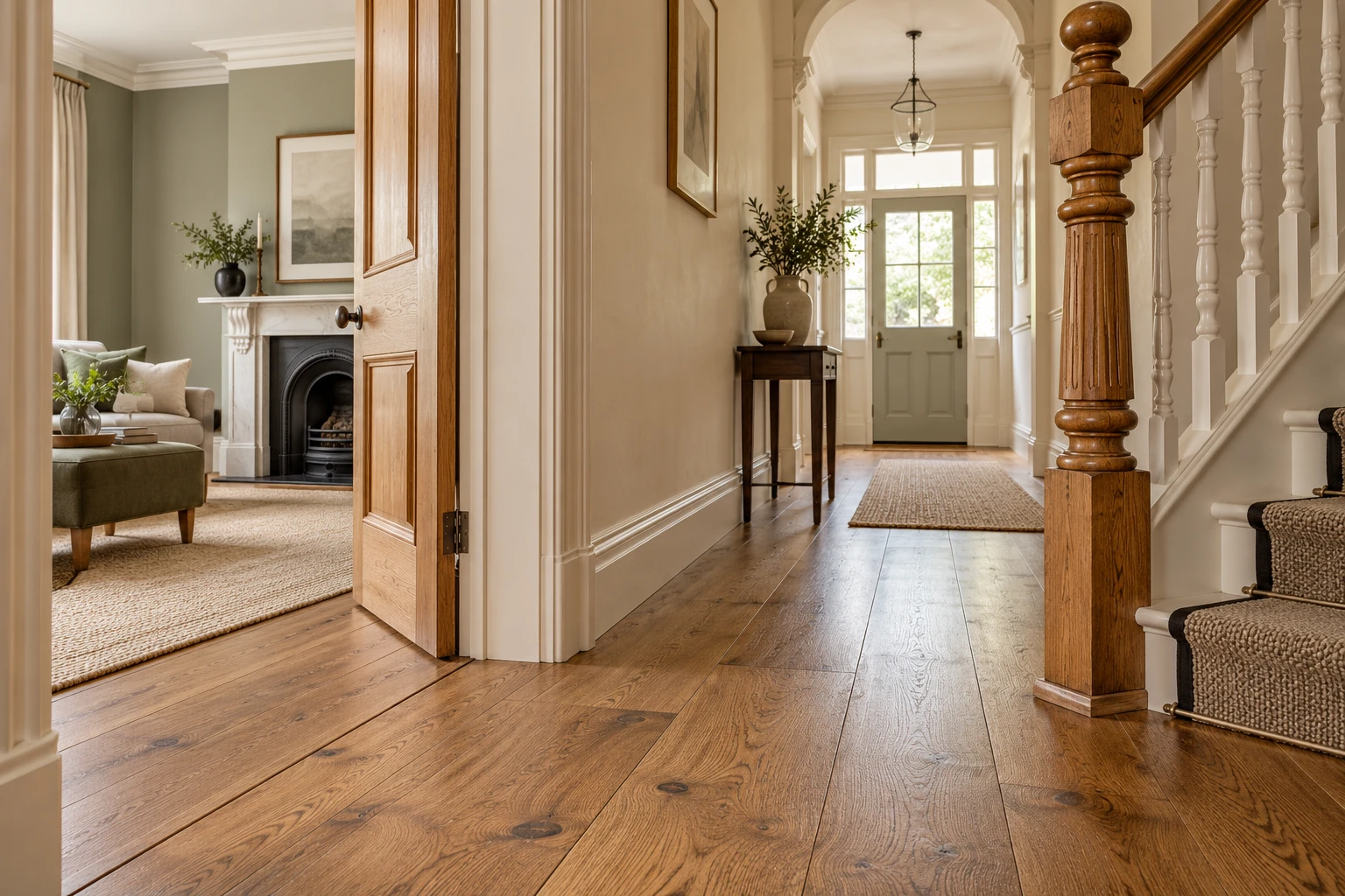 Illustrative oak herringbone floor, skirting and retained fireplace in a refurbished living room