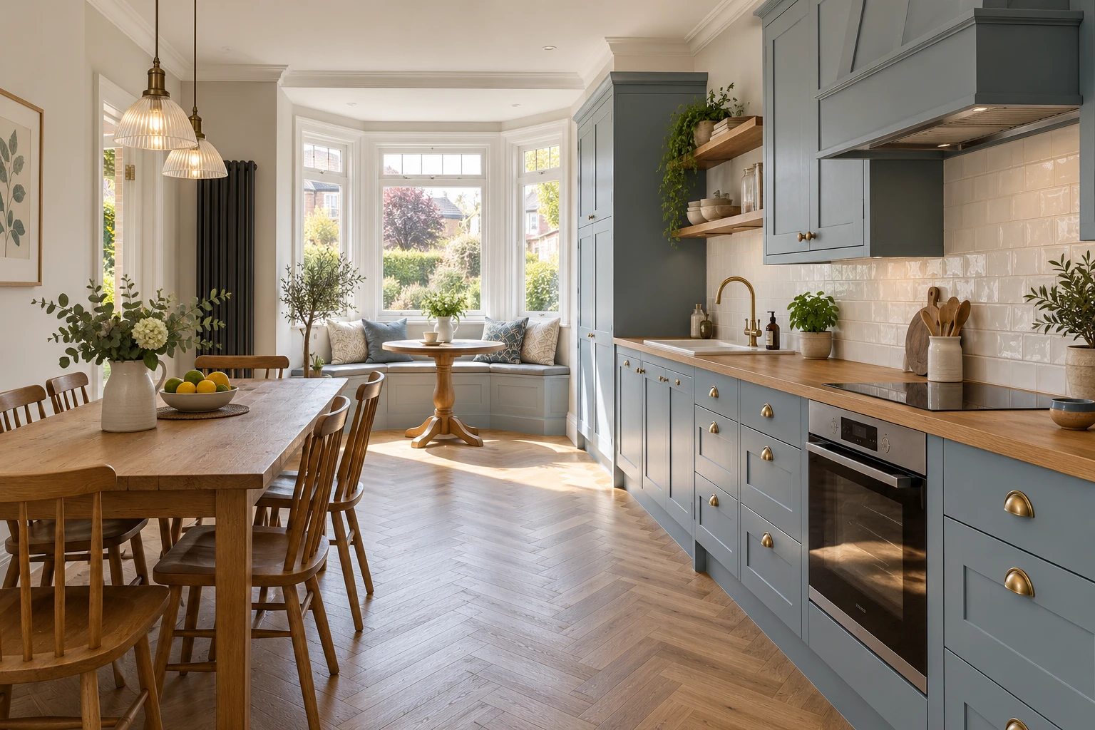 Illustrative refurbished kitchen and dining room with coordinated cabinetry and finishes