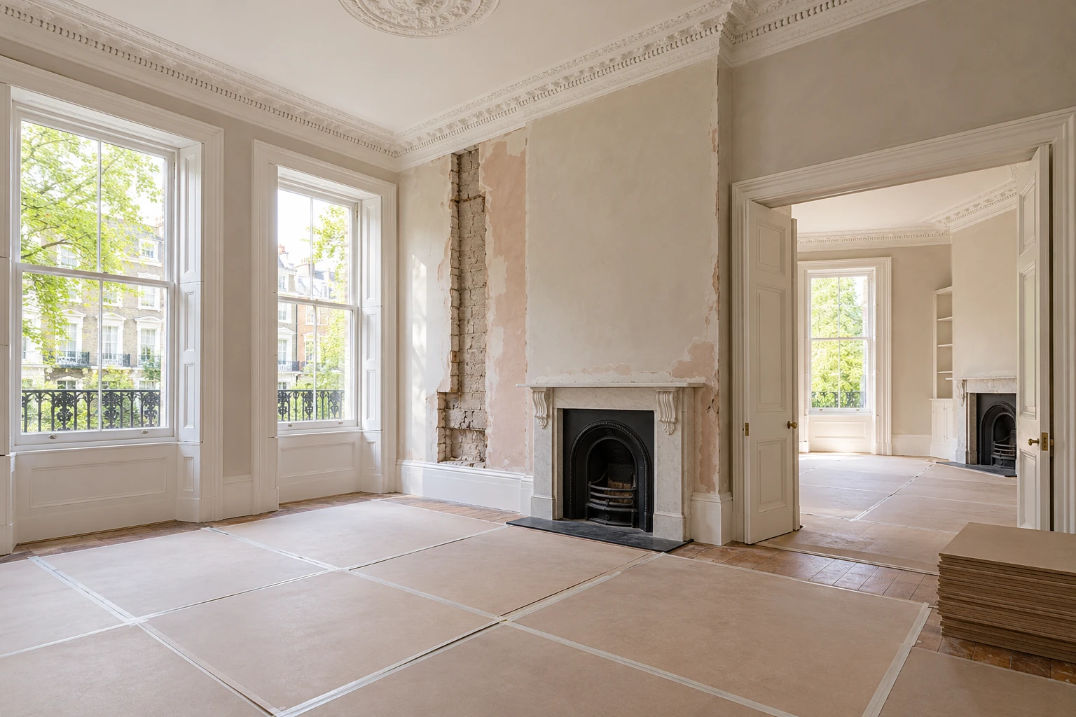 Illustrative period room during refurbishment preparation with retained cornice and protected floor