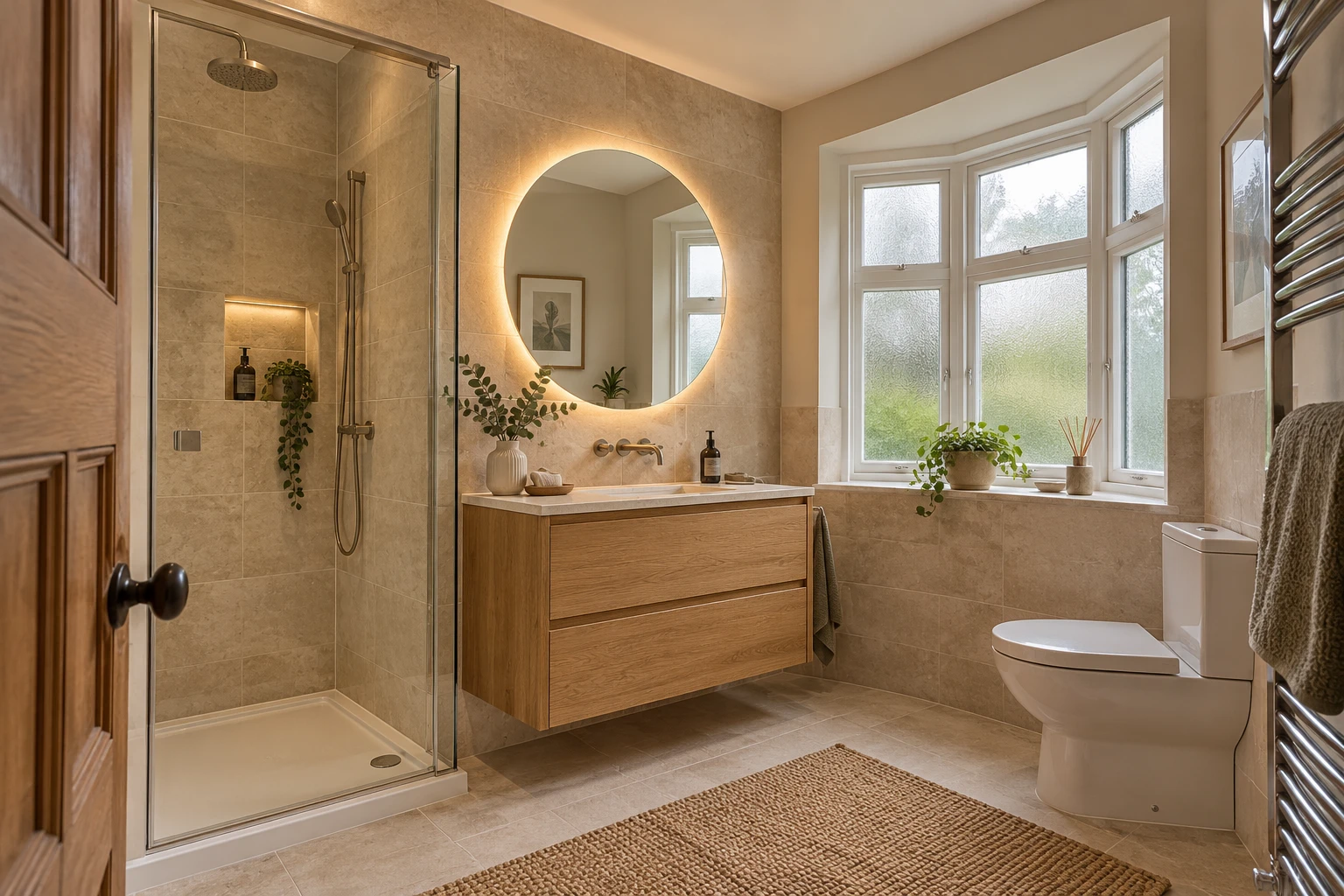 Illustrative refurbished bathroom with a walk-in shower and timber vanity