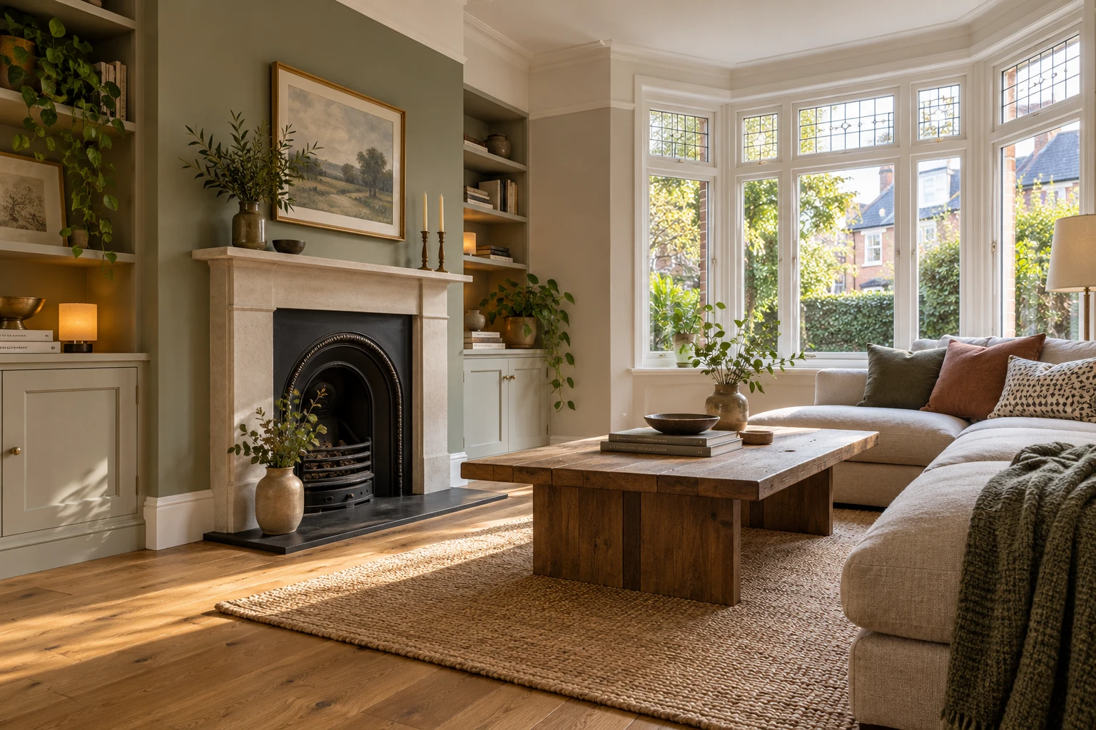 Illustrative oak herringbone floor, skirting and retained fireplace in a refurbished living room