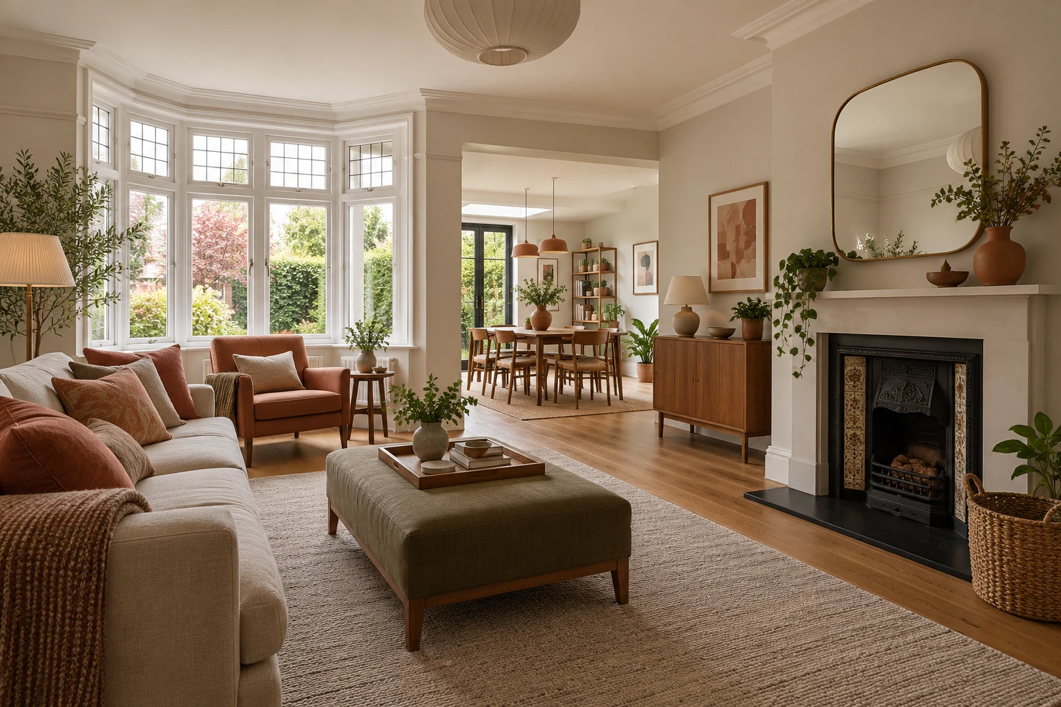 Illustrative refurbished British period home with connected living and dining rooms