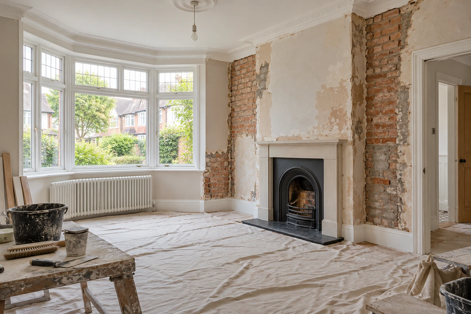 Illustrative period room during refurbishment preparation with retained cornice and protected floor