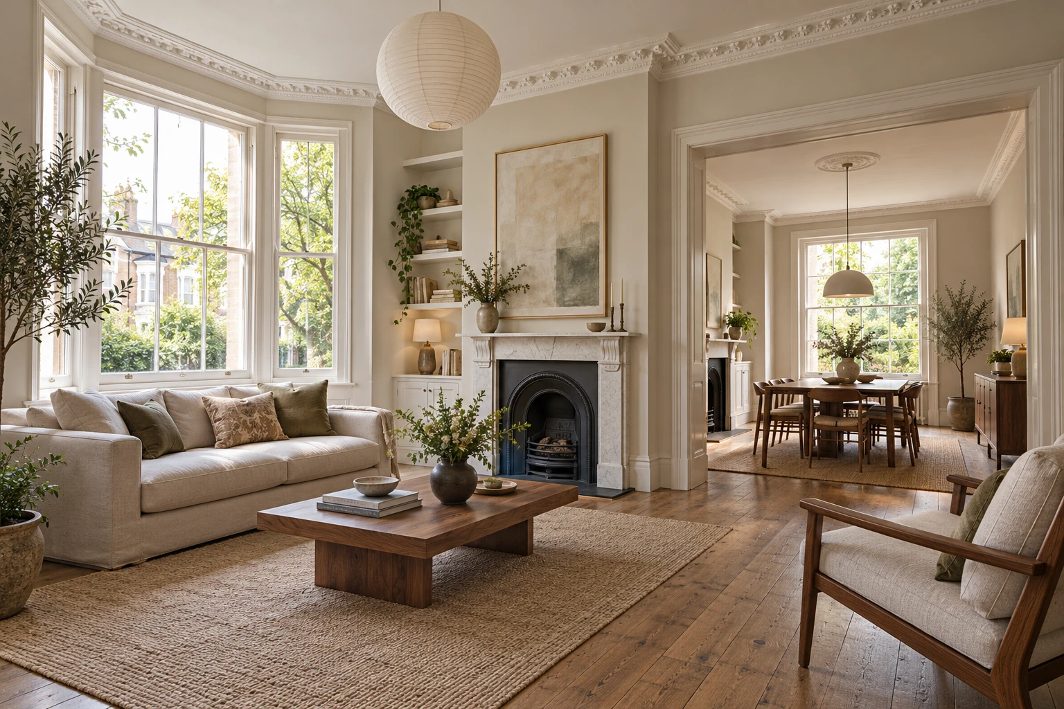 Illustrative refurbished British period home with connected living and dining rooms