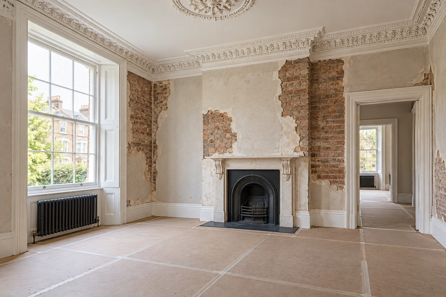 Illustrative period room during refurbishment preparation with retained cornice and protected floor