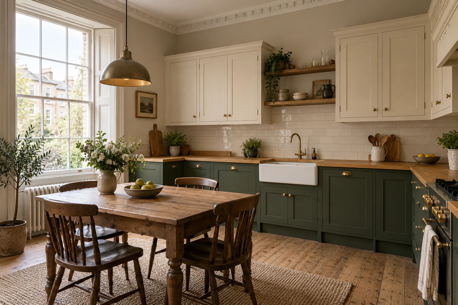 Illustrative traditional kitchen with painted cabinets and a timber worktop