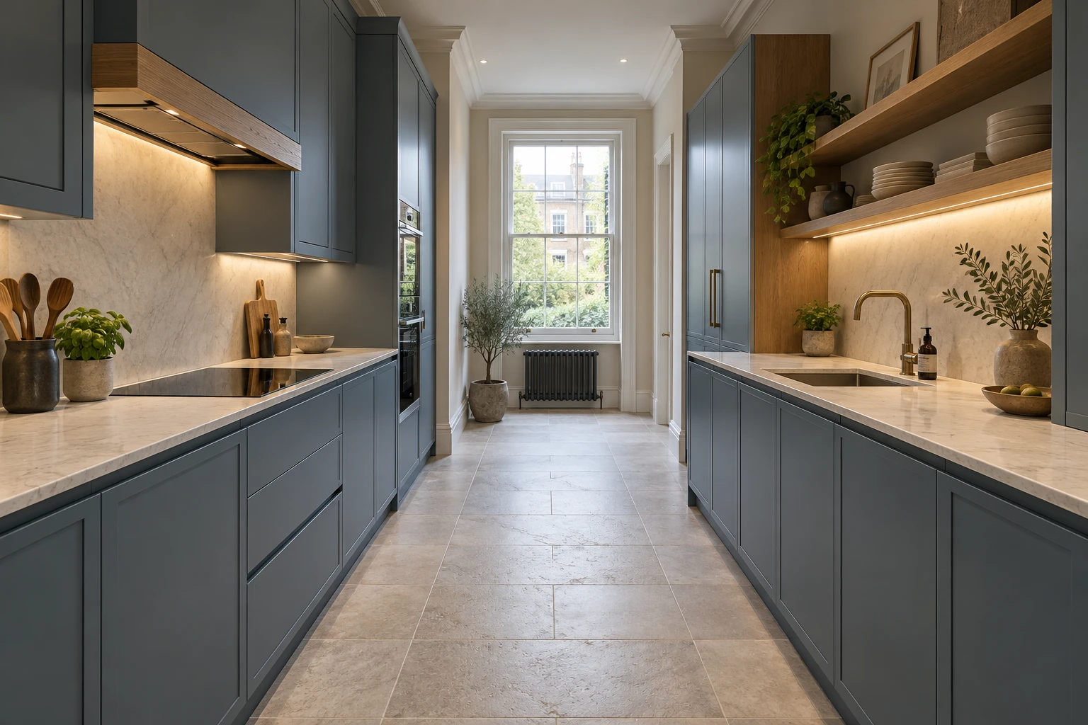 Illustrative modern galley kitchen with coordinated cabinetry and a clear aisle