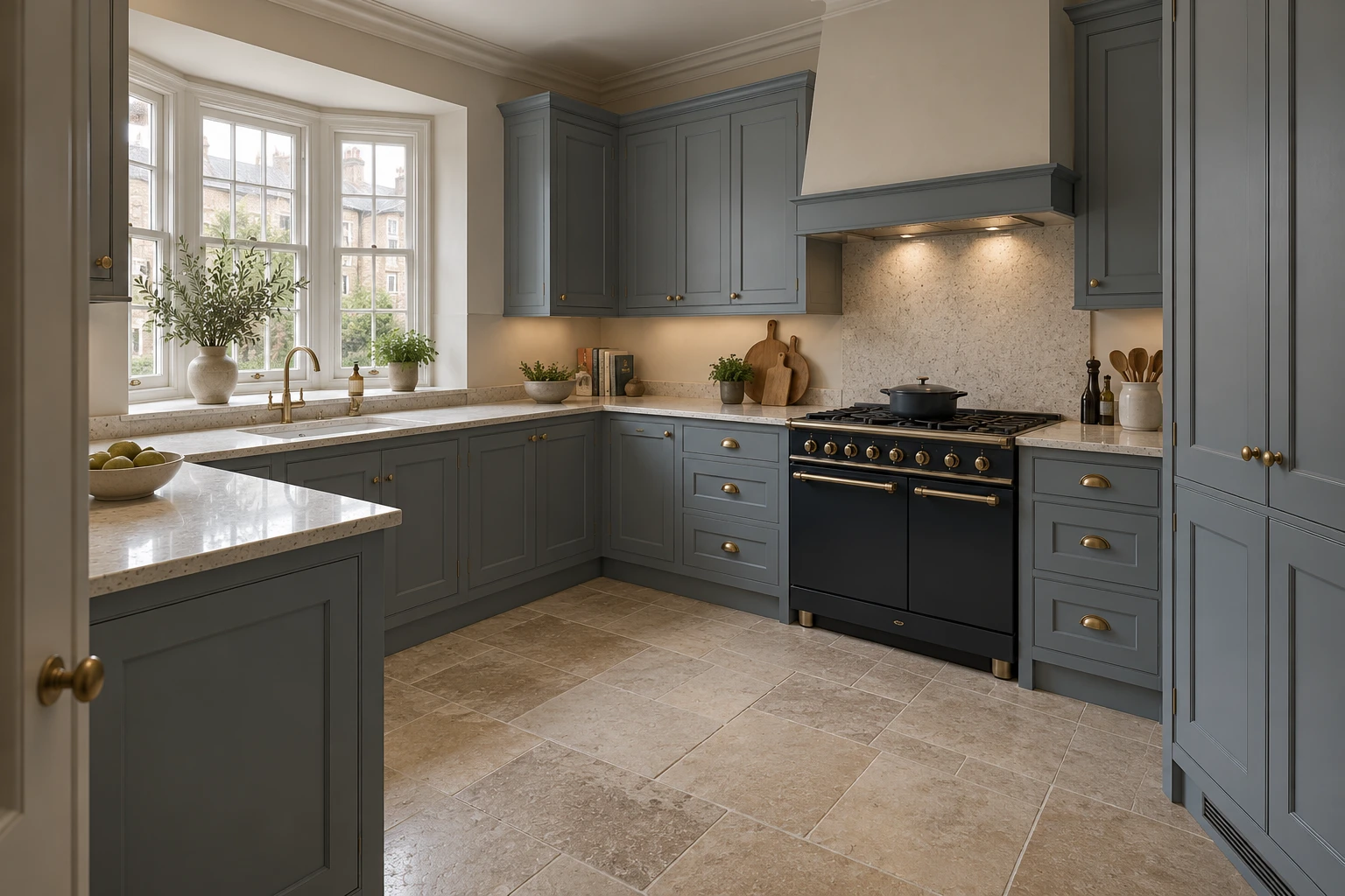 Illustrative British kitchen design with blue-grey and oak cabinetry