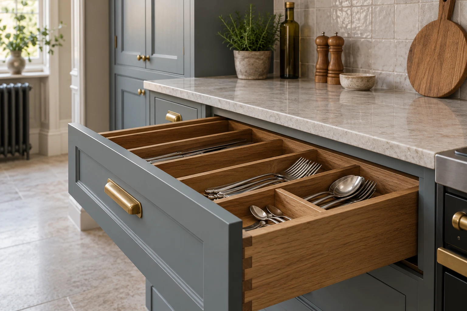 Illustrative open timber kitchen drawer with fitted cutlery storage