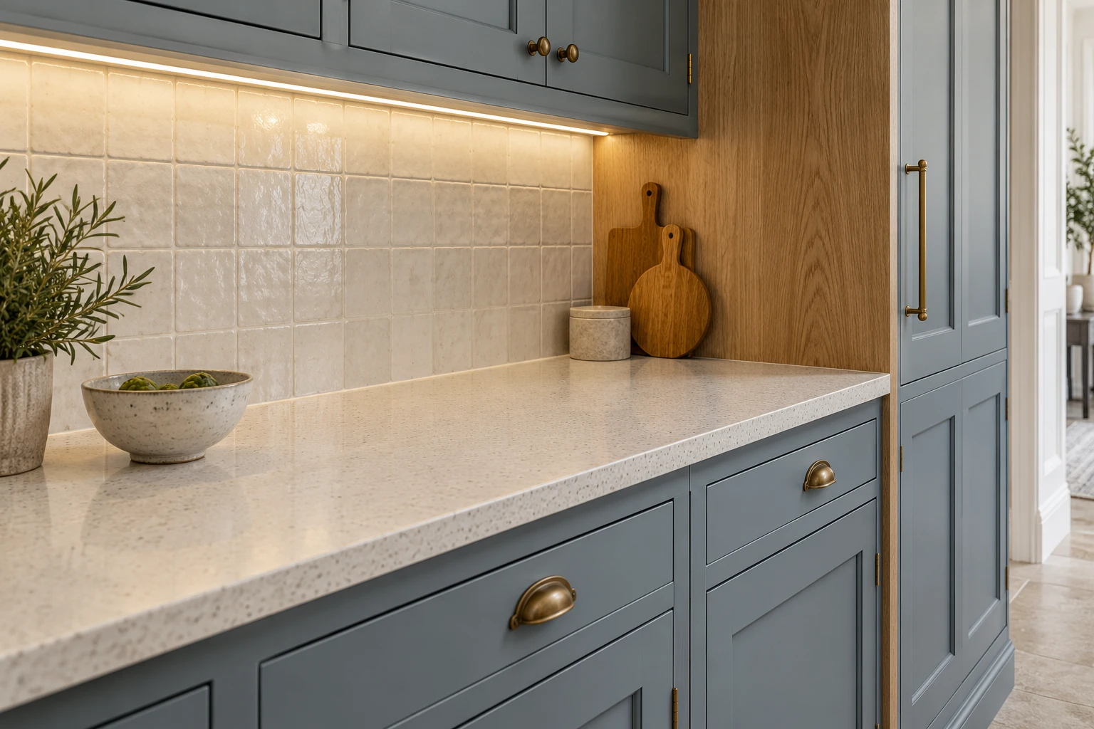 Illustrative pale quartz worktop, tiled splashback and cabinet junction