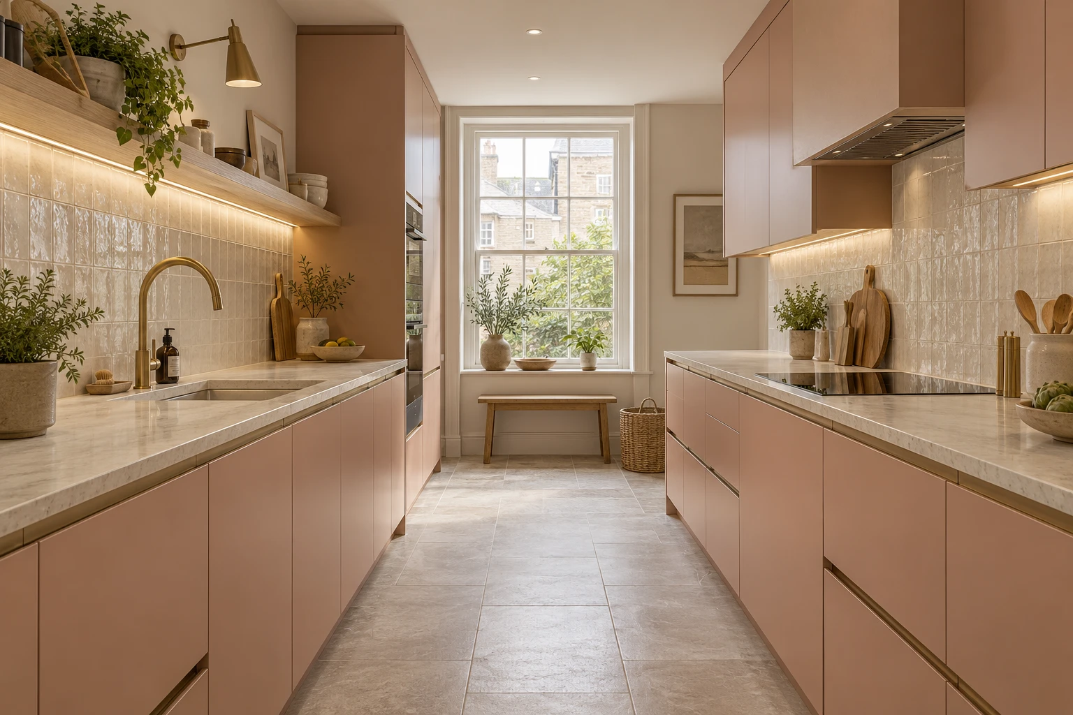 Illustrative modern galley kitchen with coordinated cabinetry and a clear aisle