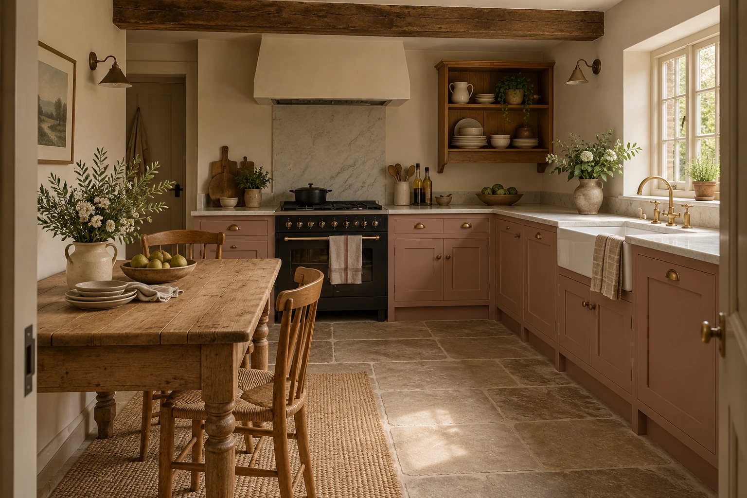 Illustrative British kitchen design with clay pink and ash cabinetry