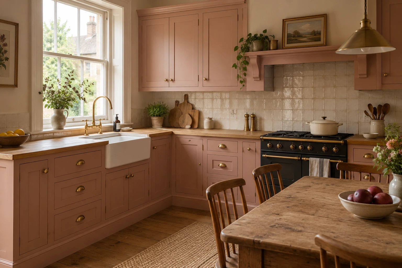 Illustrative traditional kitchen with painted cabinets and a timber worktop