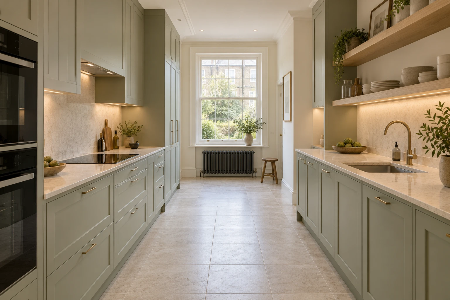 Illustrative modern galley kitchen with coordinated cabinetry and a clear aisle