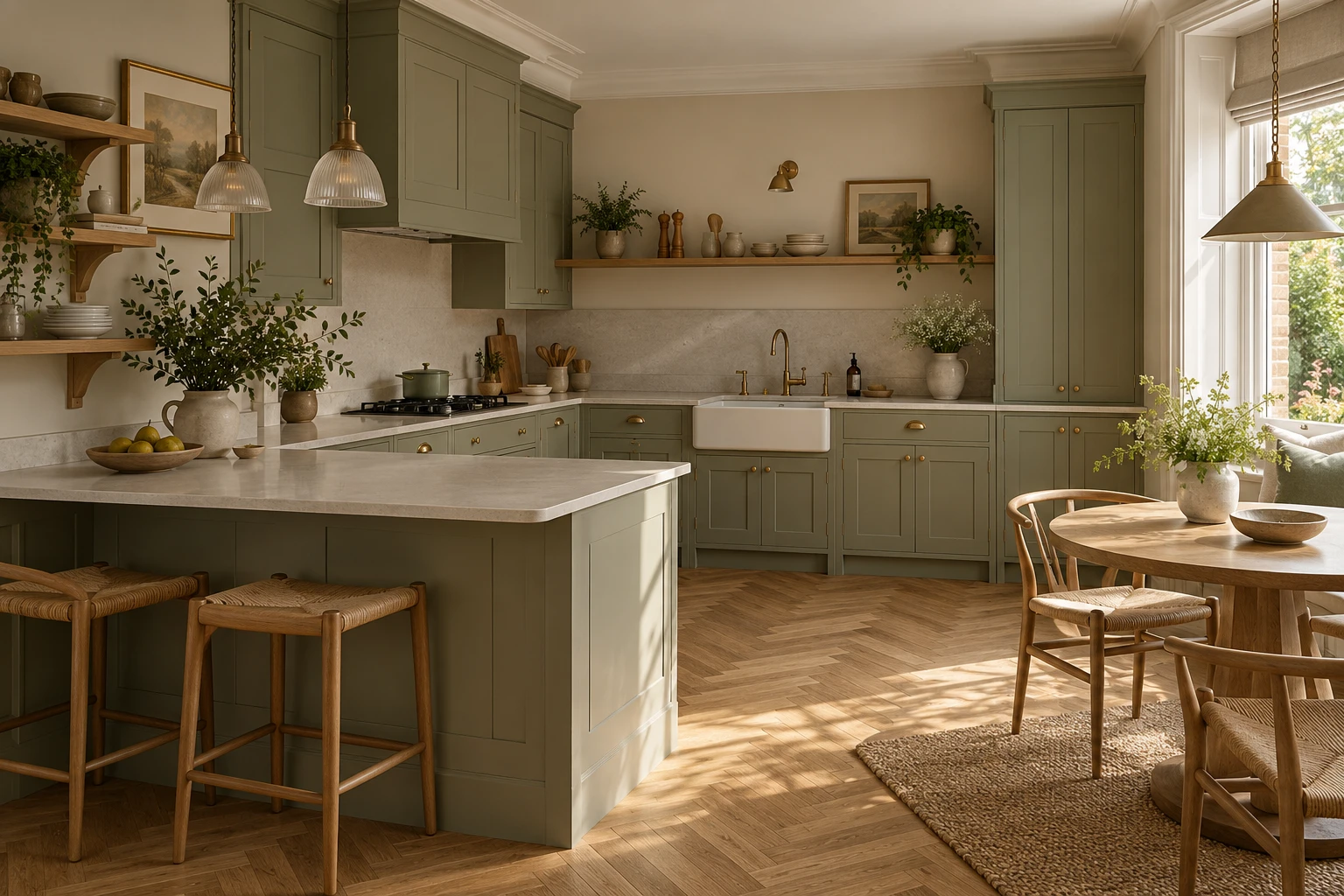 Illustrative British kitchen design with sage and pale oak cabinetry