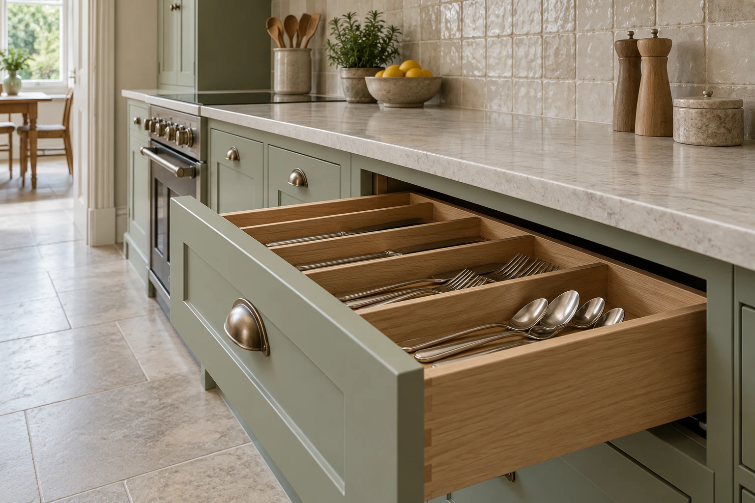 Illustrative open timber kitchen drawer with fitted cutlery storage