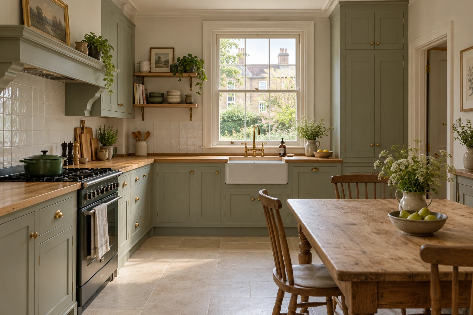 Illustrative traditional kitchen with painted cabinets and a timber worktop