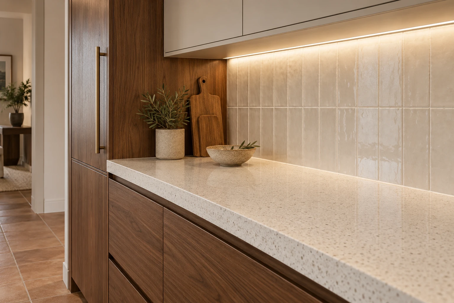Illustrative pale quartz worktop, tiled splashback and cabinet junction