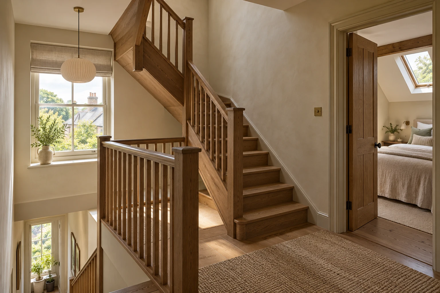 Illustrative loft staircase with a handrail and guarded landing