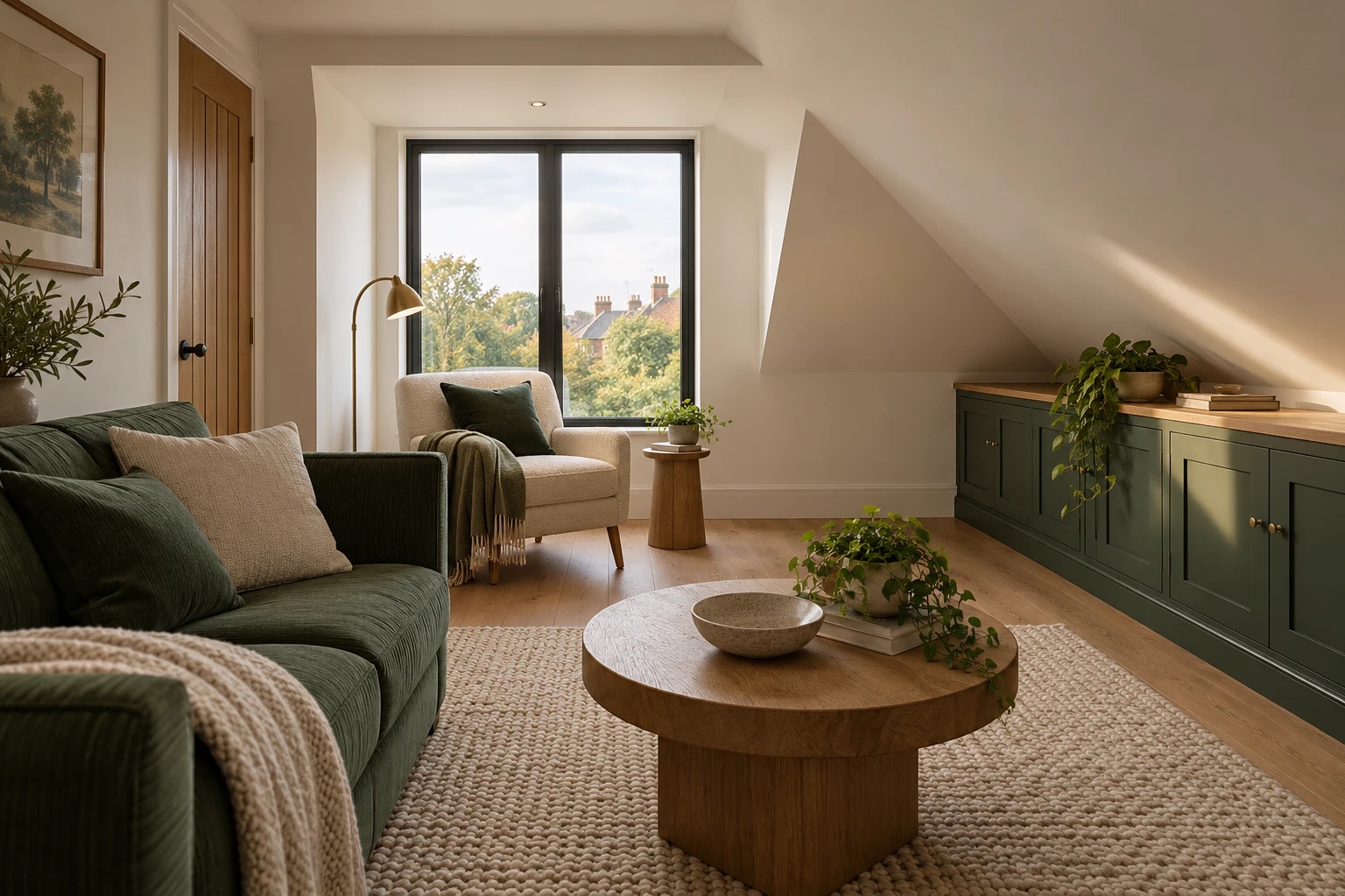 Illustrative dormer loft sitting room with a vertical rear window and eaves storage