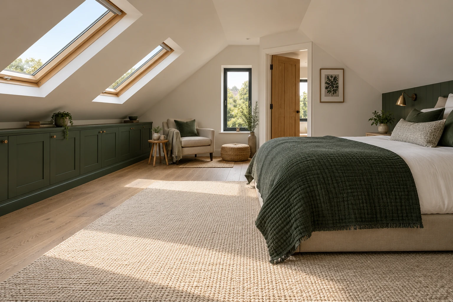 Illustrative design of a loft bedroom where deep eaves cupboards sit beneath a simple roof plane