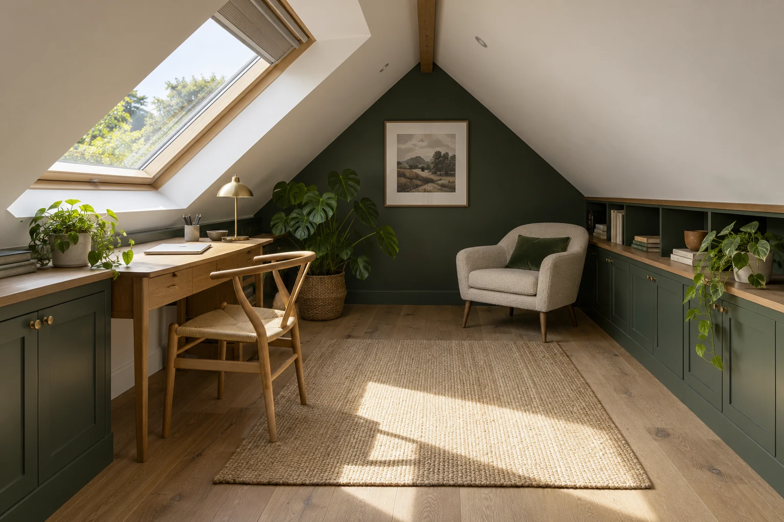 Illustrative loft study beneath a pitched ceiling with roof windows