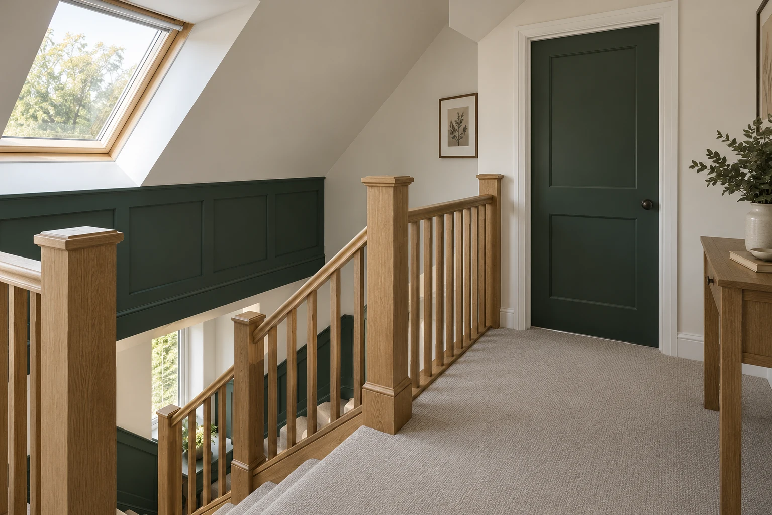 Illustrative loft staircase with a handrail and guarded landing